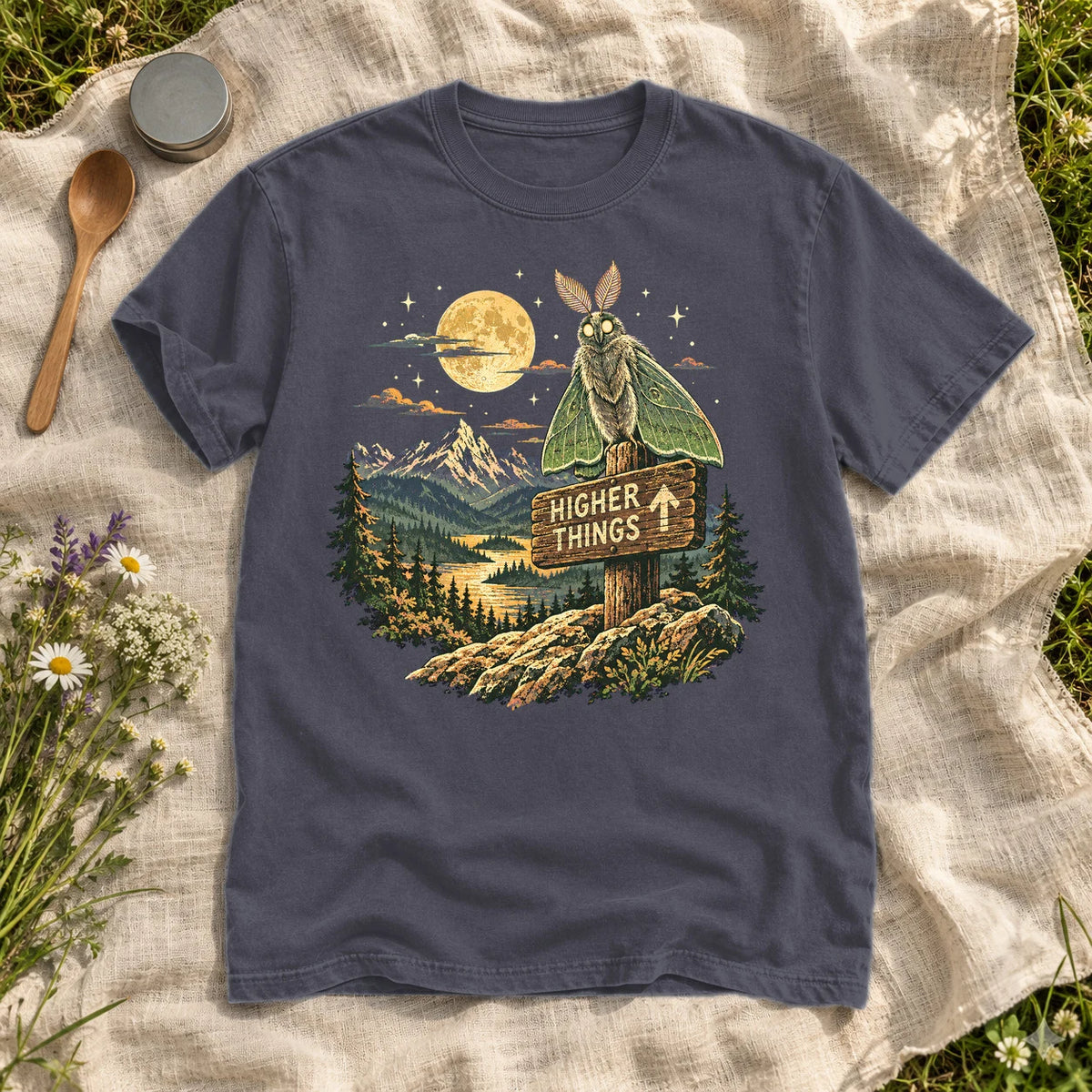 Higher Things Mountain Moth Graphic Tee on Navy Premium Tee