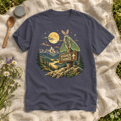 Higher Things Mountain Moth Graphic Tee on Navy Premium Tee