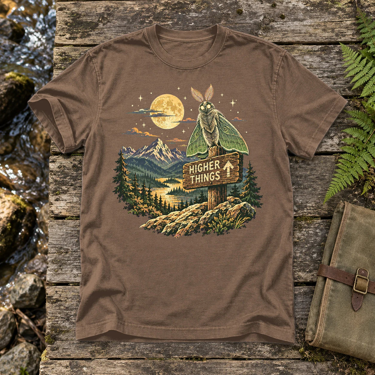 Higher Things Mountain Moth Graphic Tee on Espresso Premium Tee
