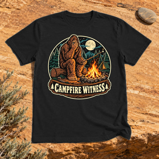 Campfire Witness Bigfoot Graphic Tee on Black Everyday Soft Tee