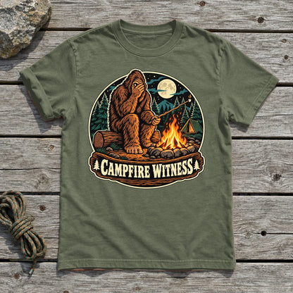 Campfire Witness Bigfoot Graphic Tee on Military Green Everyday Soft Tee
