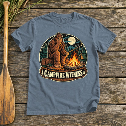 Campfire Witness Bigfoot Graphic Tee on Heather Indigo Everyday Soft Tee