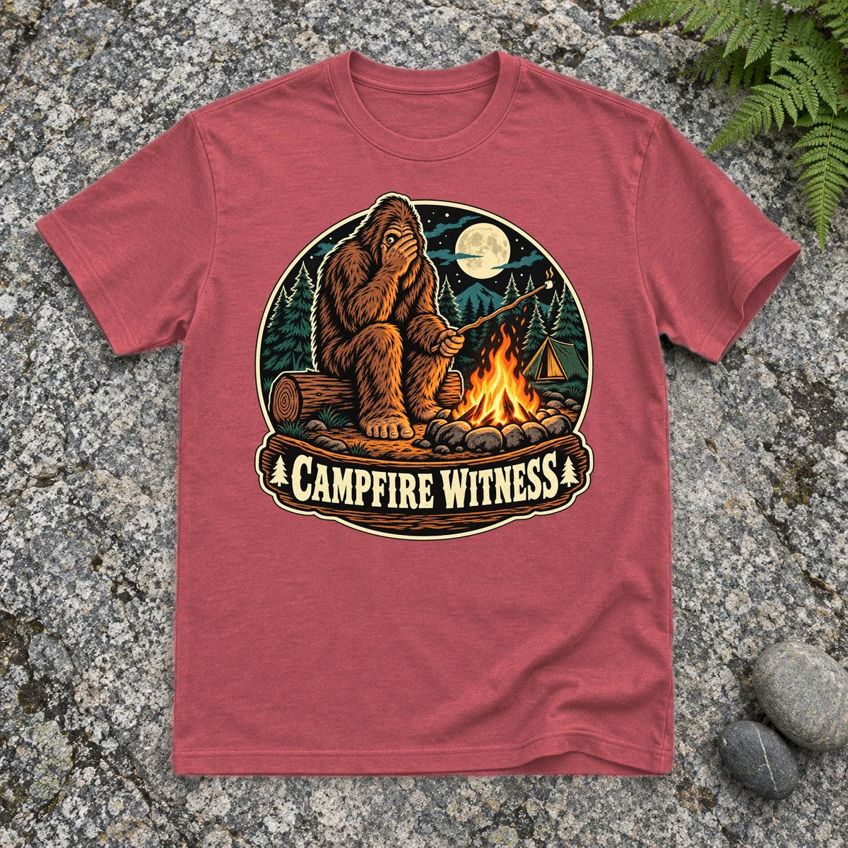 Campfire Witness Bigfoot Graphic Tee on Heather Red Everyday Soft Tee