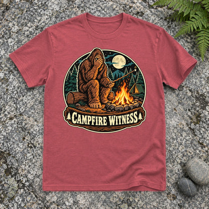 Campfire Witness Bigfoot Graphic Tee on Heather Red Everyday Soft Tee