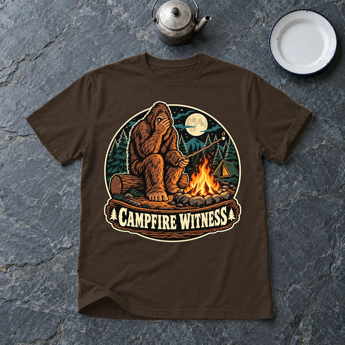 Campfire Witness Bigfoot Graphic Tee on Dark Chocolate Everyday Soft Tee