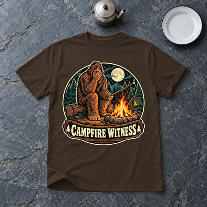 Campfire Witness Bigfoot Graphic Tee on Dark Chocolate Everyday Soft Tee