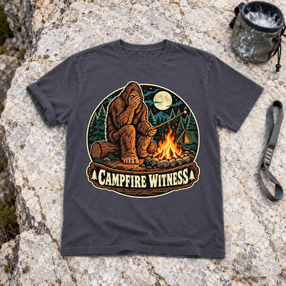 Campfire Witness Bigfoot Graphic Tee on Navy Premium Tee