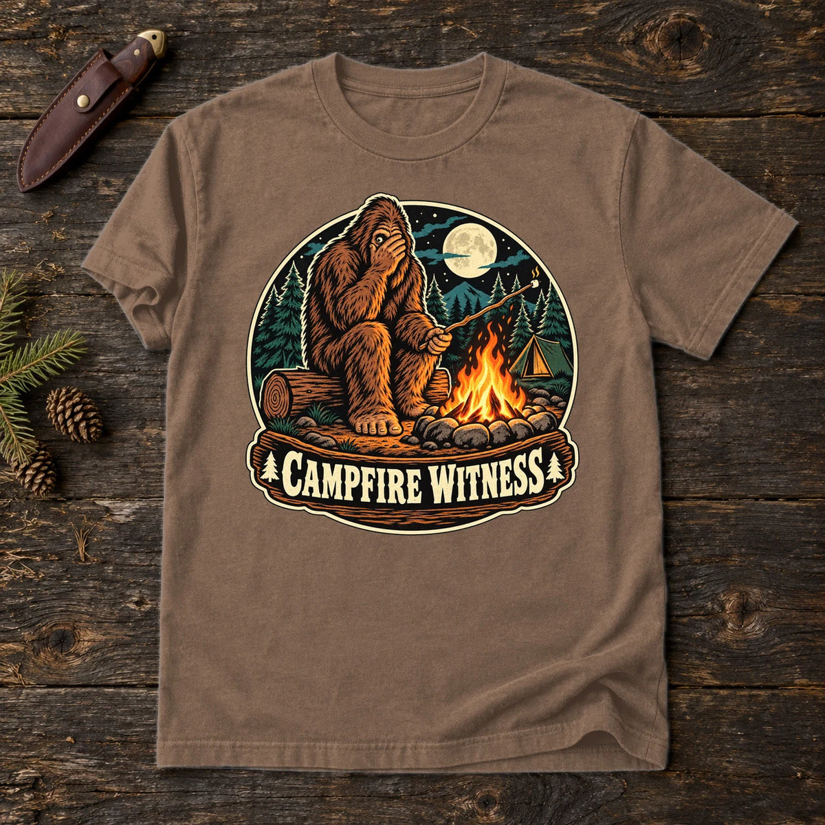 Campfire Witness Bigfoot Graphic Tee on Espresso Premium Tee