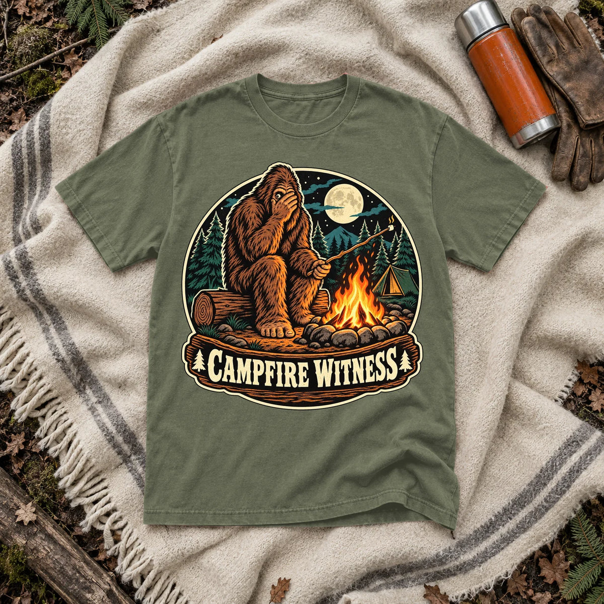 Campfire Witness Bigfoot Graphic Tee on Moss Premium Tee