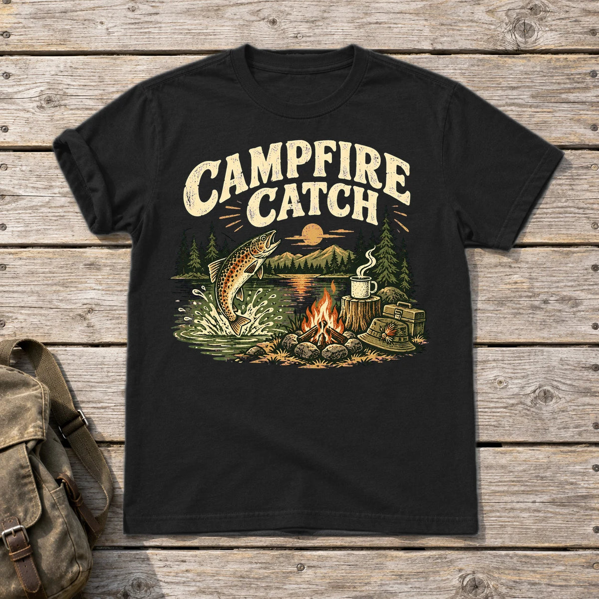 Campfire Catch Vintage Graphic Tee on Black Everyday Soft Tee