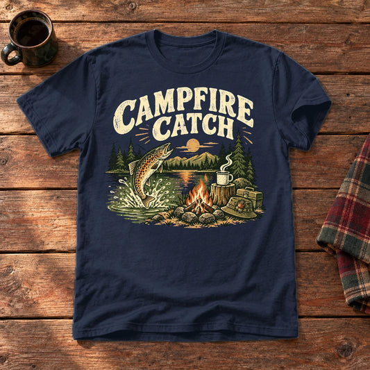 Campfire Catch Vintage Graphic Tee on Navy Everyday Soft Tee