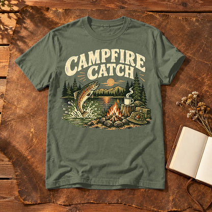 Campfire Catch Vintage Graphic Tee on Military Green Everyday Soft Tee