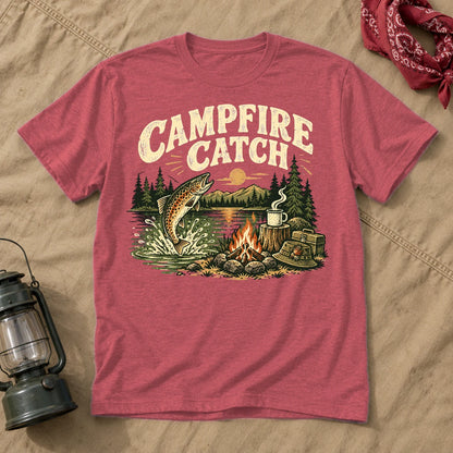 Campfire Catch Vintage Graphic Tee on Heather Red Everyday Soft Tee