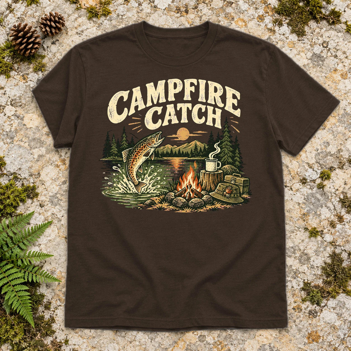 Campfire Catch Vintage Graphic Tee on Dark Chocolate Everyday Soft Tee