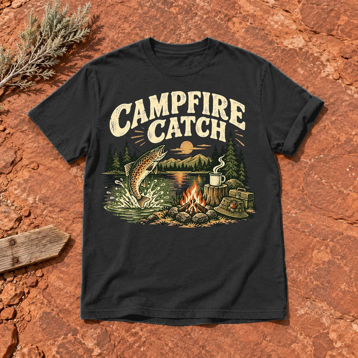 Campfire Catch Vintage Graphic Tee on Black Premium Tee