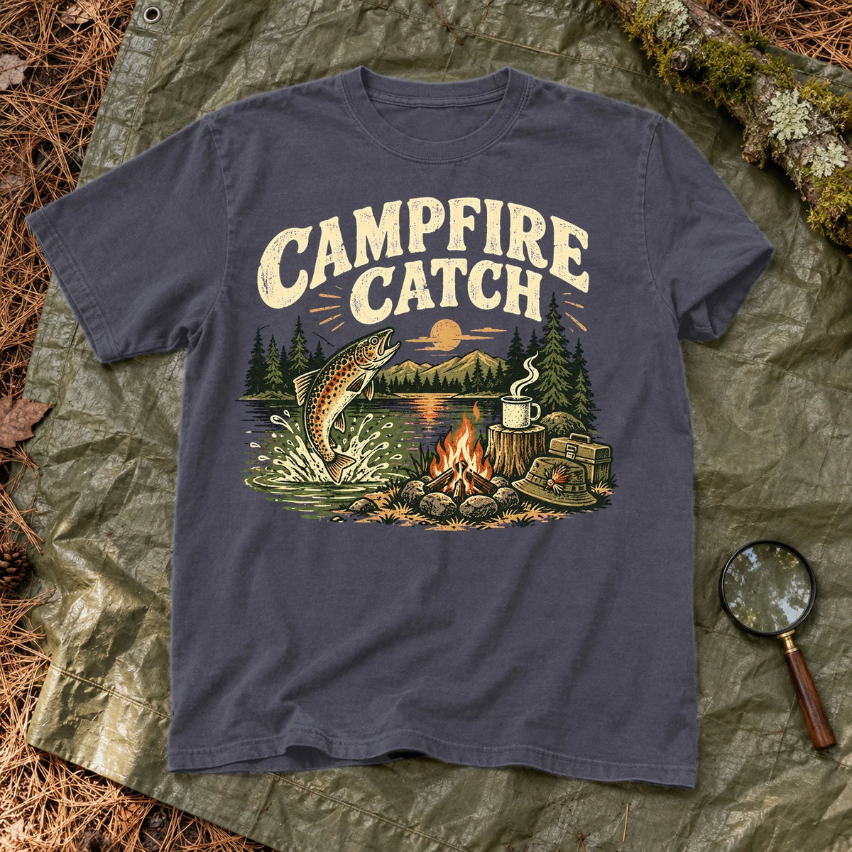Campfire Catch Vintage Graphic Tee on Navy Premium Tee