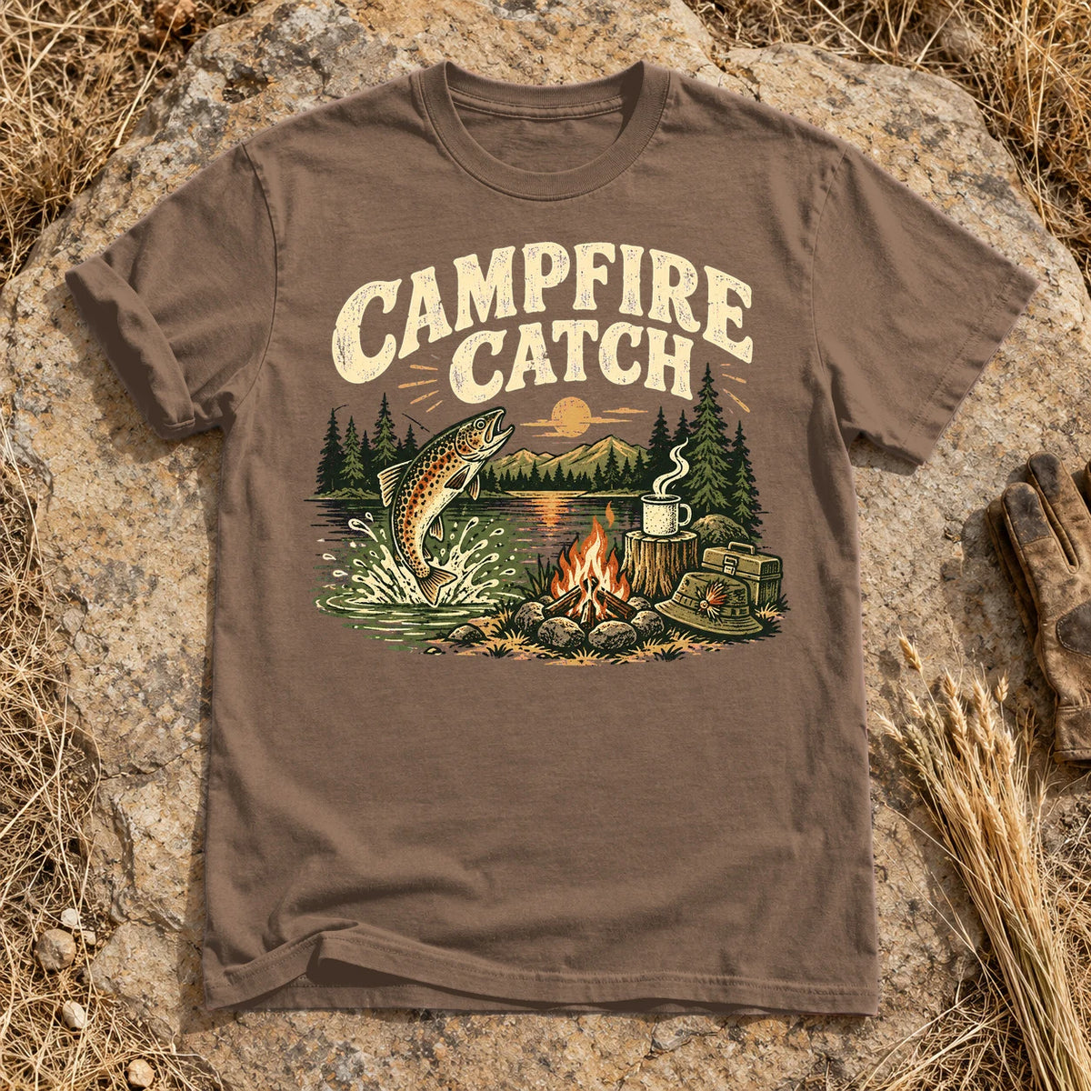 Campfire Catch Vintage Graphic Tee on Espresso Premium Tee