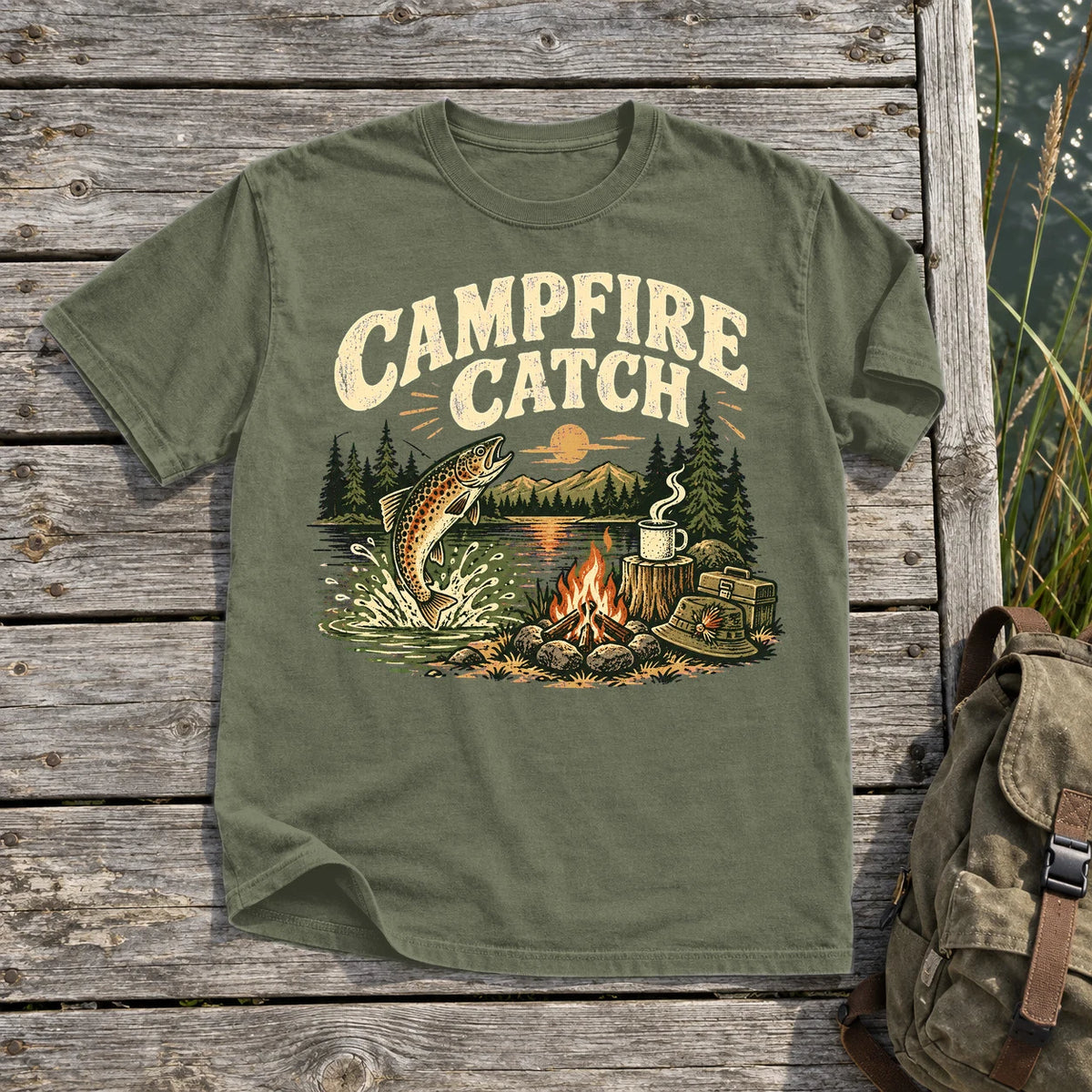 Campfire Catch Vintage Graphic Tee on Moss Premium Tee