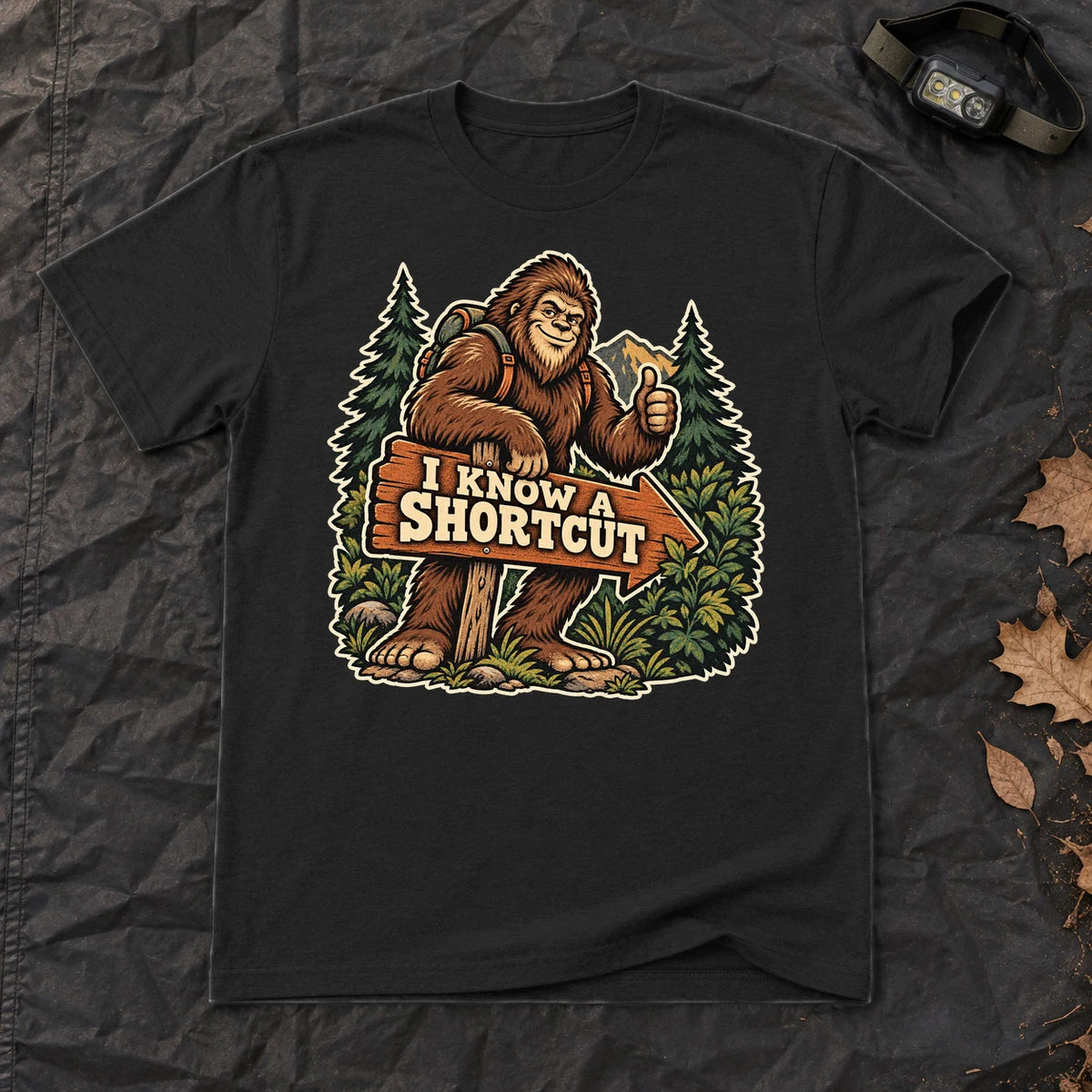 Bigfoot 'I Know A Shortcut' Graphic Tee on Black Everyday Soft Tee