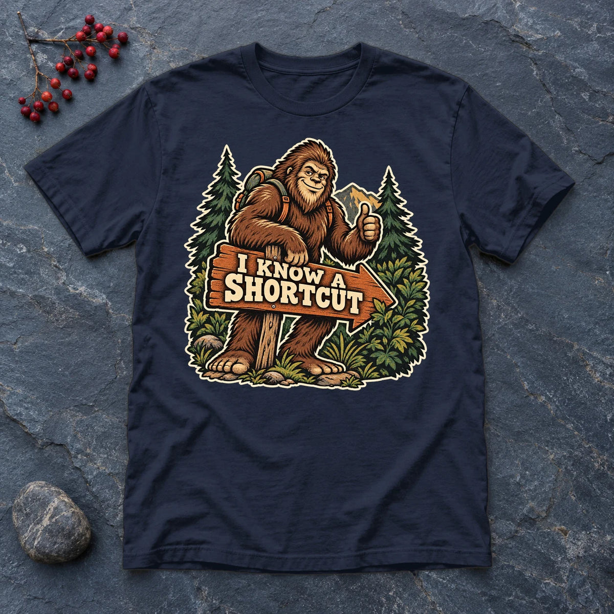 Bigfoot 'I Know A Shortcut' Graphic Tee on Navy Everyday Soft Tee