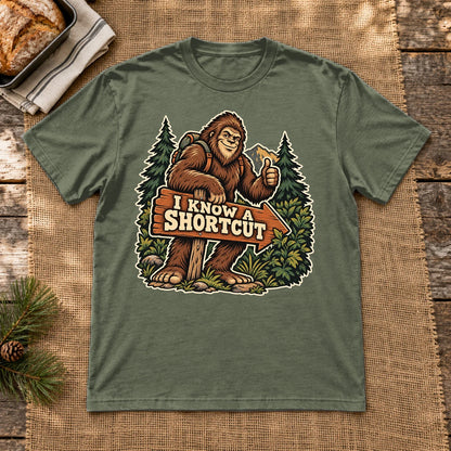 Bigfoot 'I Know A Shortcut' Graphic Tee on Military Green Everyday Soft Tee