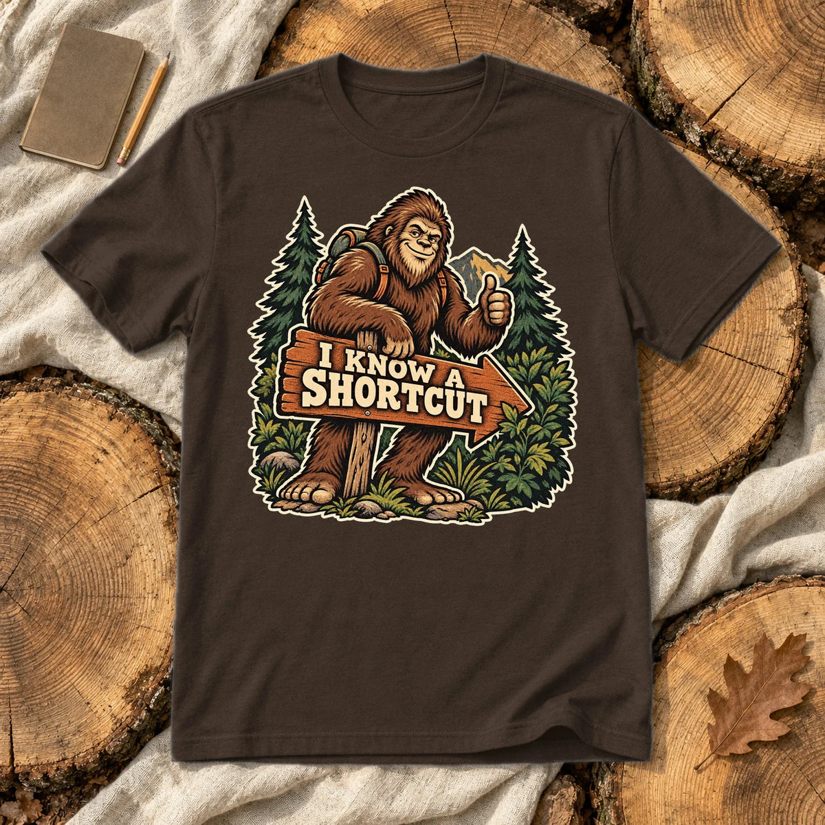 Bigfoot 'I Know A Shortcut' Graphic Tee on Dark Chocolate Everyday Soft Tee