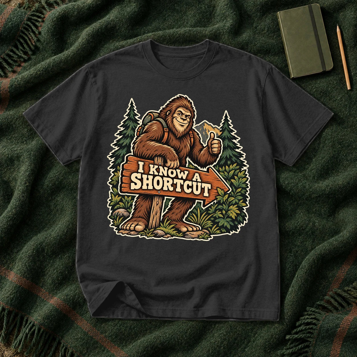 Bigfoot 'I Know A Shortcut' Graphic Tee on Black Premium Tee