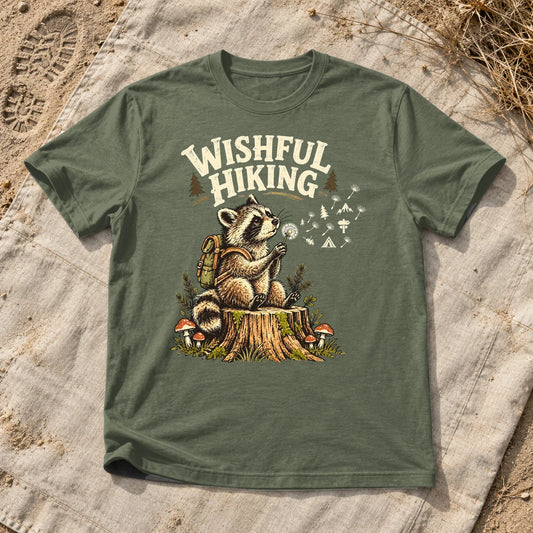 Wishful Hiking Raccoon Graphic Tee on Military Green Everyday Soft Tee