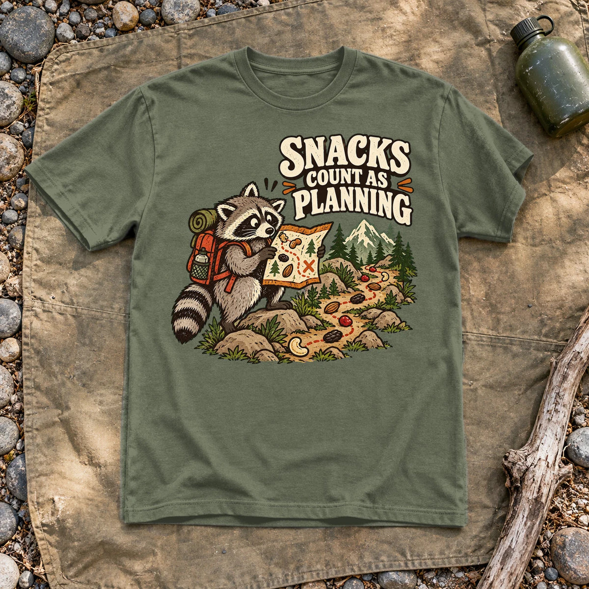 Snacks Count As Planning Raccoon Graphic Tee on Military Green Everyday Soft Tee