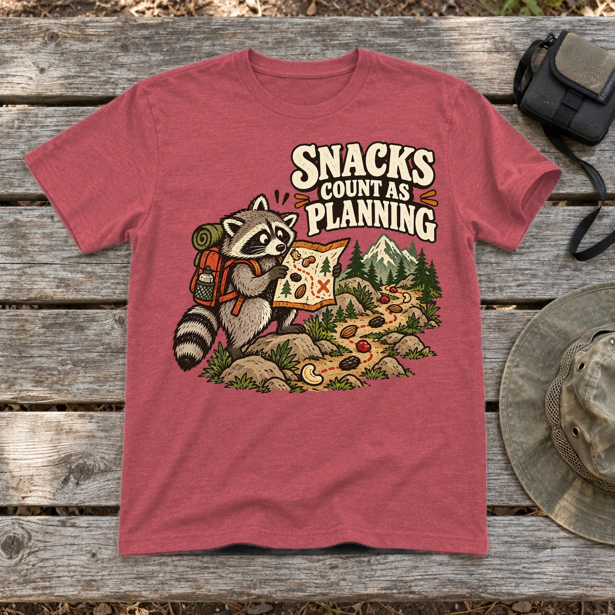 Snacks Count As Planning Raccoon Graphic Tee on Heather Red Everyday Soft Tee