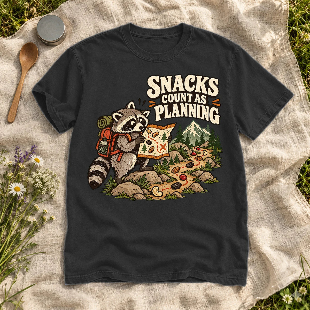 Snacks Count As Planning Raccoon Graphic Tee on Black Premium Tee