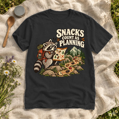 Snacks Count As Planning Raccoon Graphic Tee on Black Premium Tee
