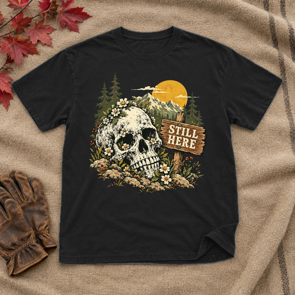 Still Here Mountain Skull Graphic Tee on Black Everyday Soft Tee