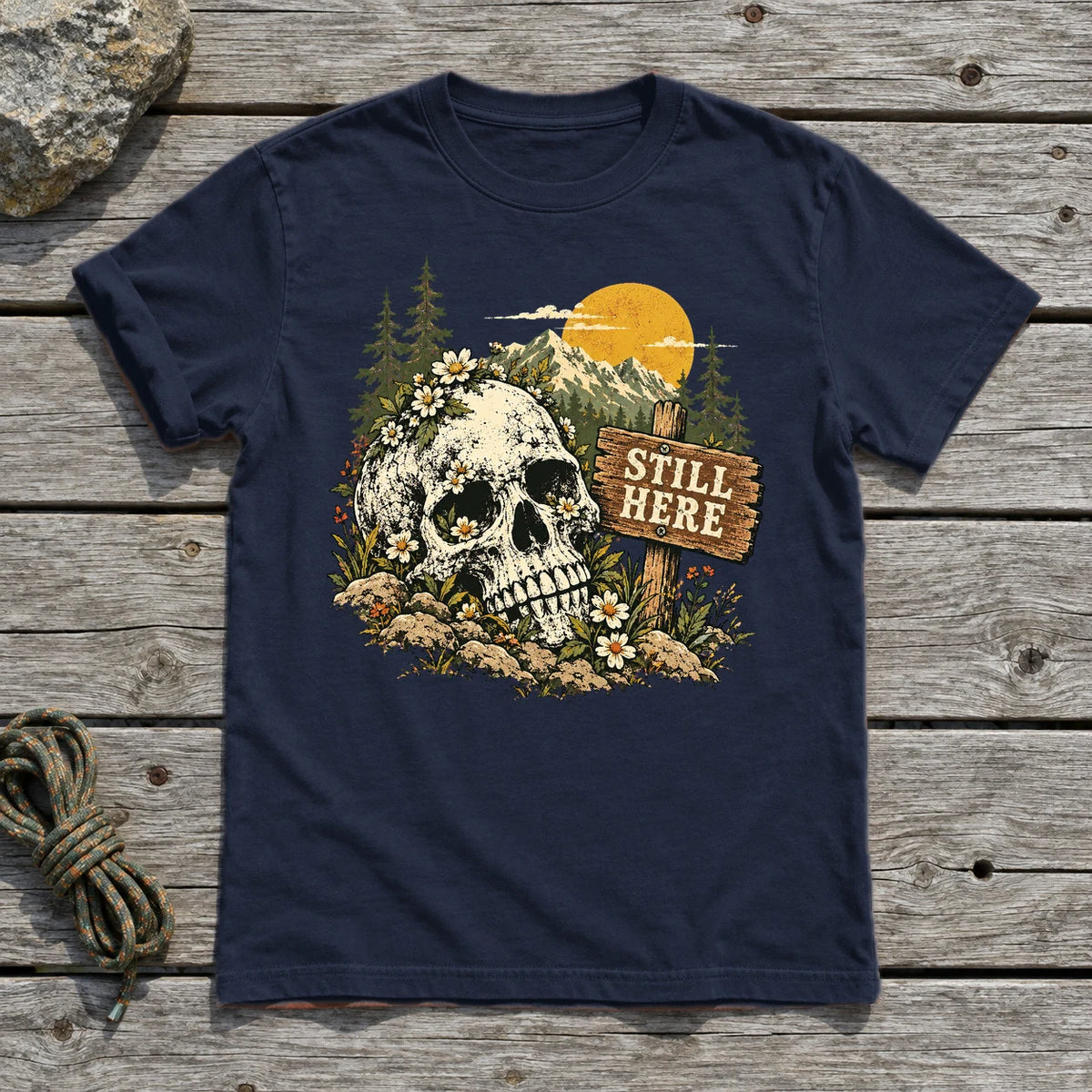 Still Here Mountain Skull Graphic Tee on Navy Everyday Soft Tee