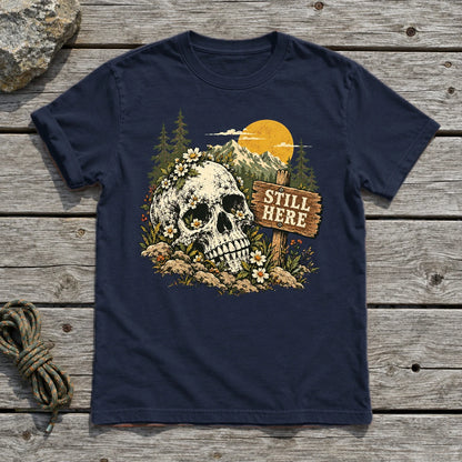 Still Here Mountain Skull Graphic Tee on Navy Everyday Soft Tee
