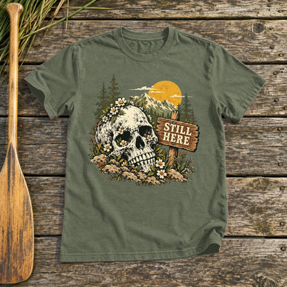 Still Here Mountain Skull Graphic Tee on Military Green Everyday Soft Tee