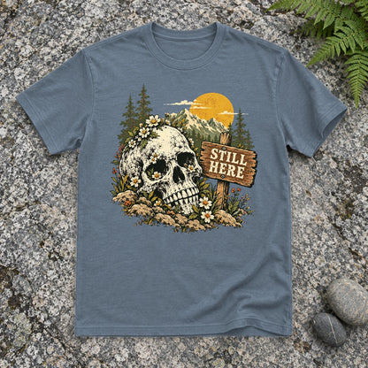 Still Here Mountain Skull Graphic Tee on Heather Indigo Everyday Soft Tee