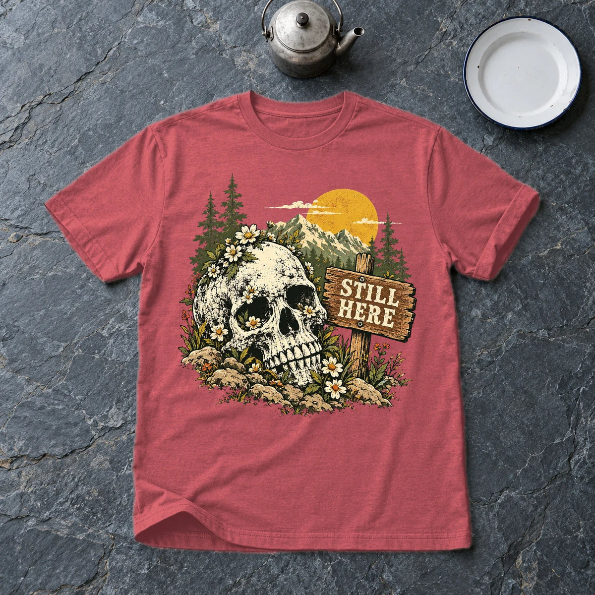 Still Here Mountain Skull Graphic Tee on Heather Red Everyday Soft Tee