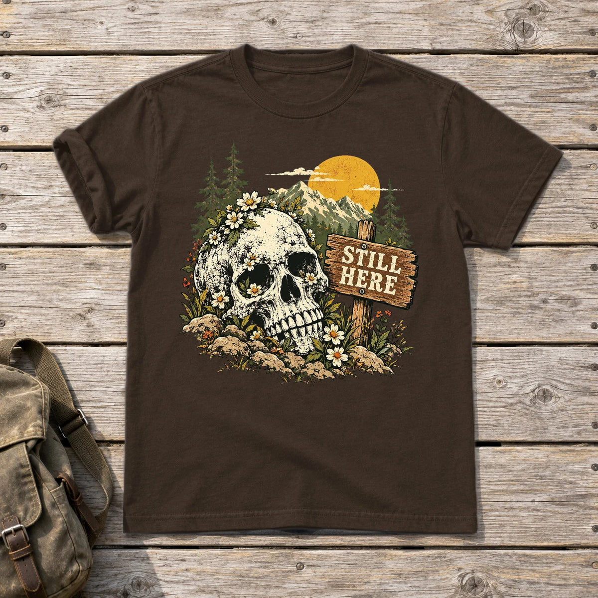Still Here Mountain Skull Graphic Tee on Dark Chocolate Everyday Soft Tee