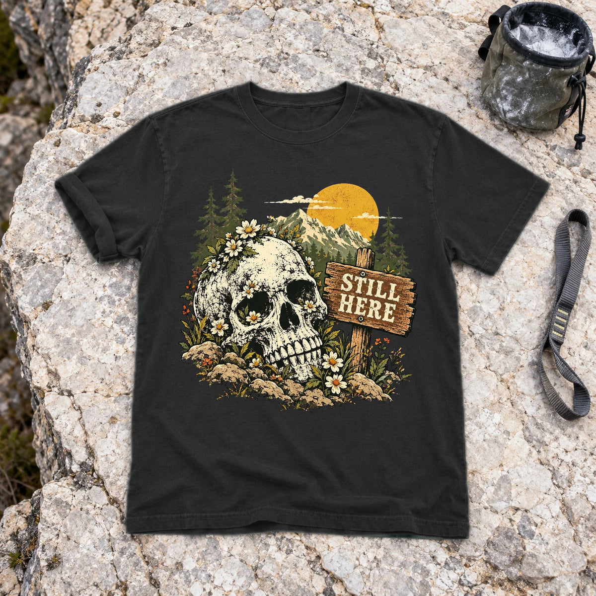 Still Here Mountain Skull Graphic Tee on Black Premium Tee