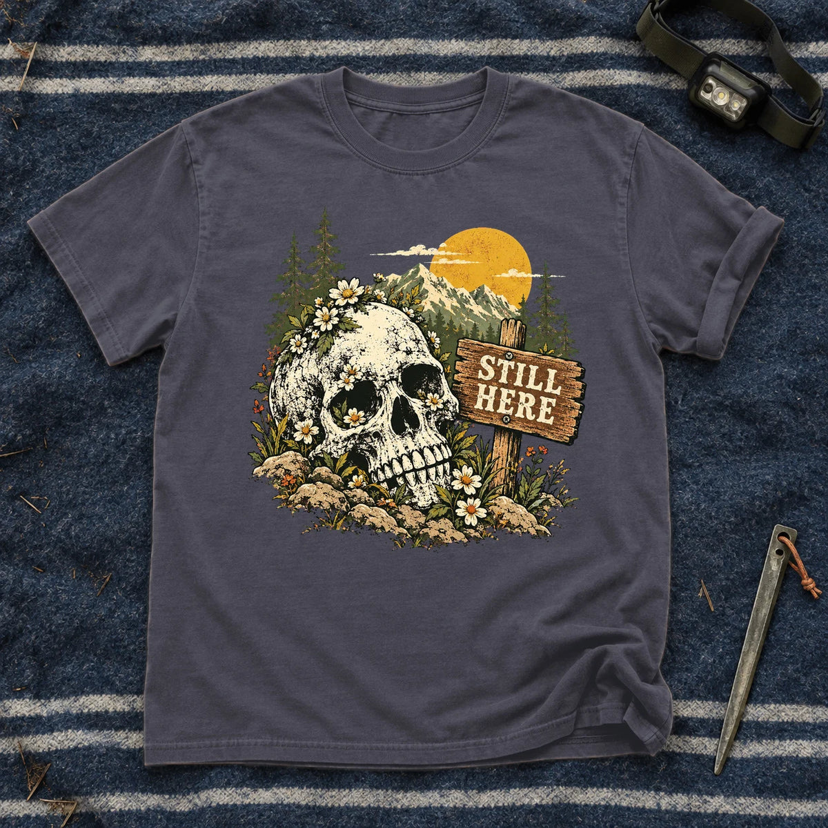 Still Here Mountain Skull Graphic Tee on Navy Premium Tee
