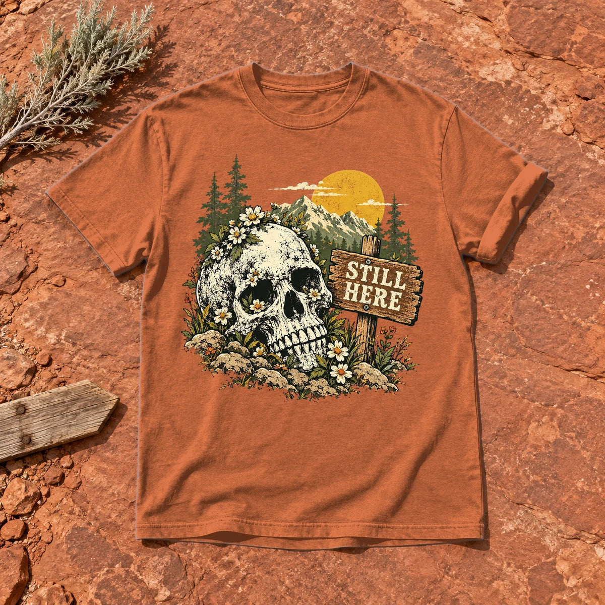 Still Here Mountain Skull Graphic Tee on Yam Premium Tee