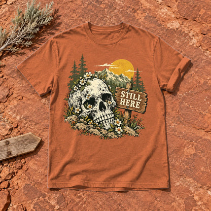 Still Here Mountain Skull Graphic Tee on Yam Premium Tee