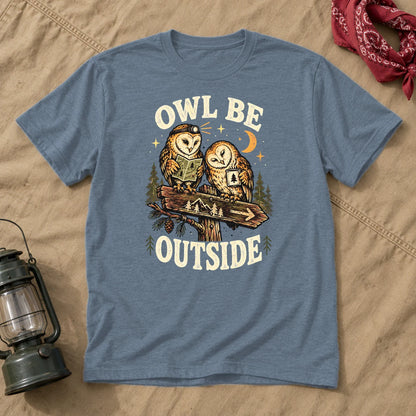 Owl Be Outside Vintage Graphic Tee on Heather Indigo Everyday Soft Tee