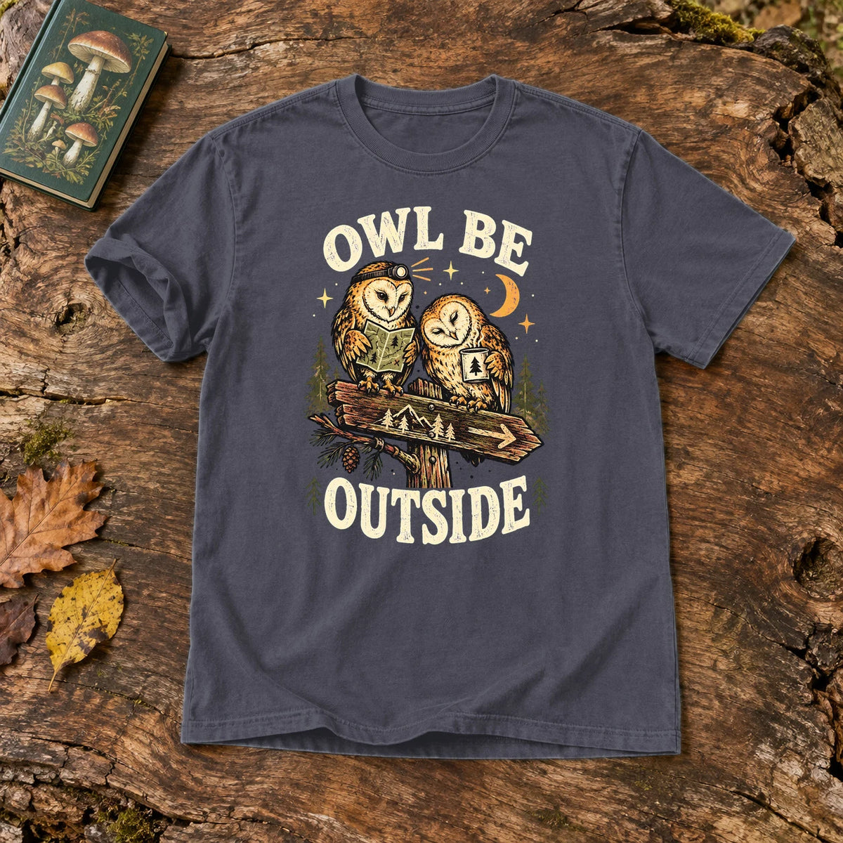 Owl Be Outside Vintage Graphic Tee on Navy Premium Tee