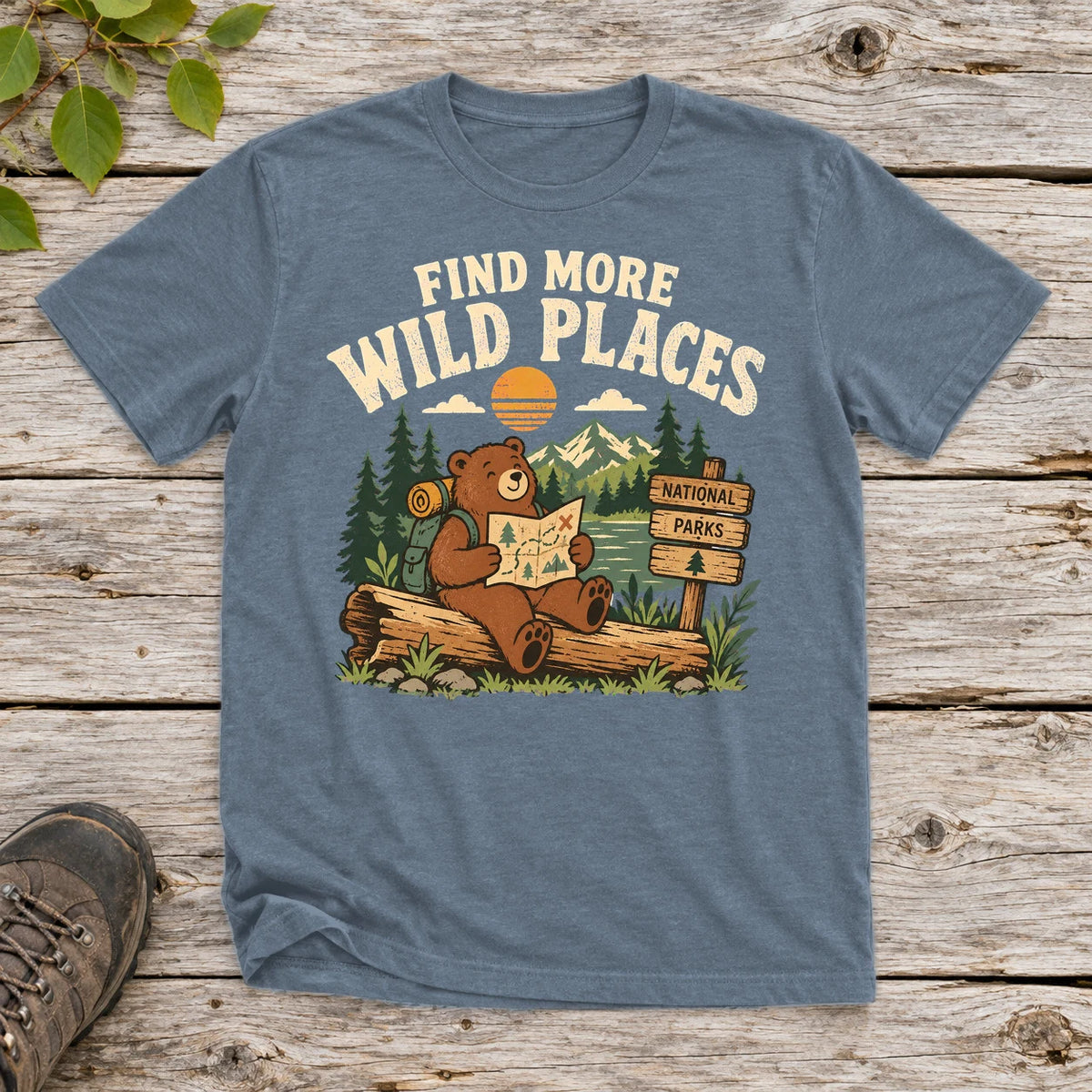 Find More Wild Places Bear Graphic Tee on Heather Indigo Everyday Soft Tee