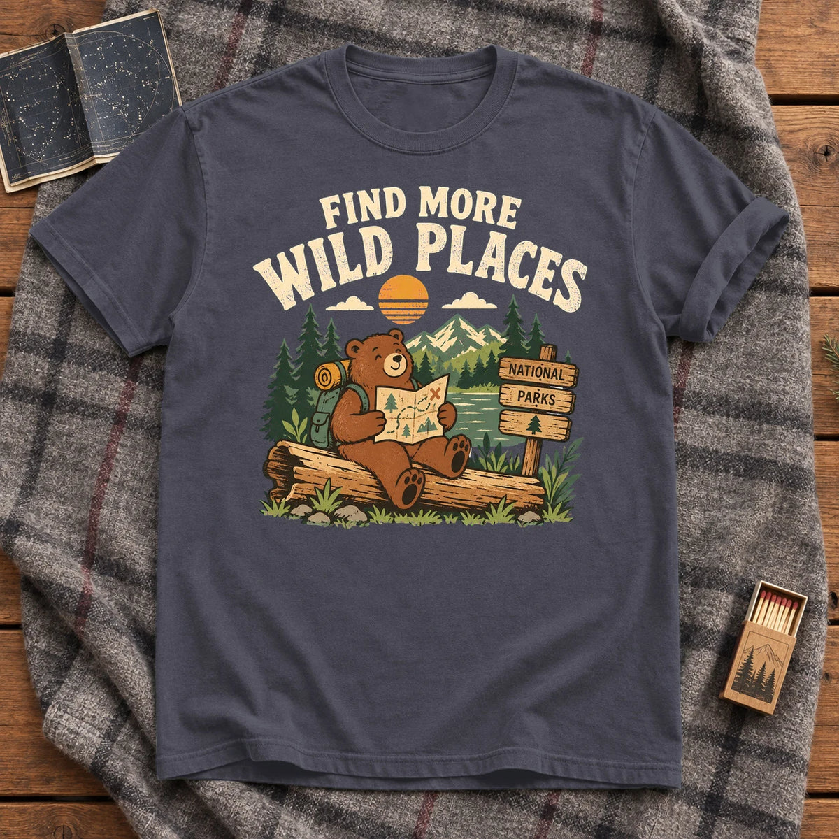 Find More Wild Places Bear Graphic Tee on Navy Premium Tee