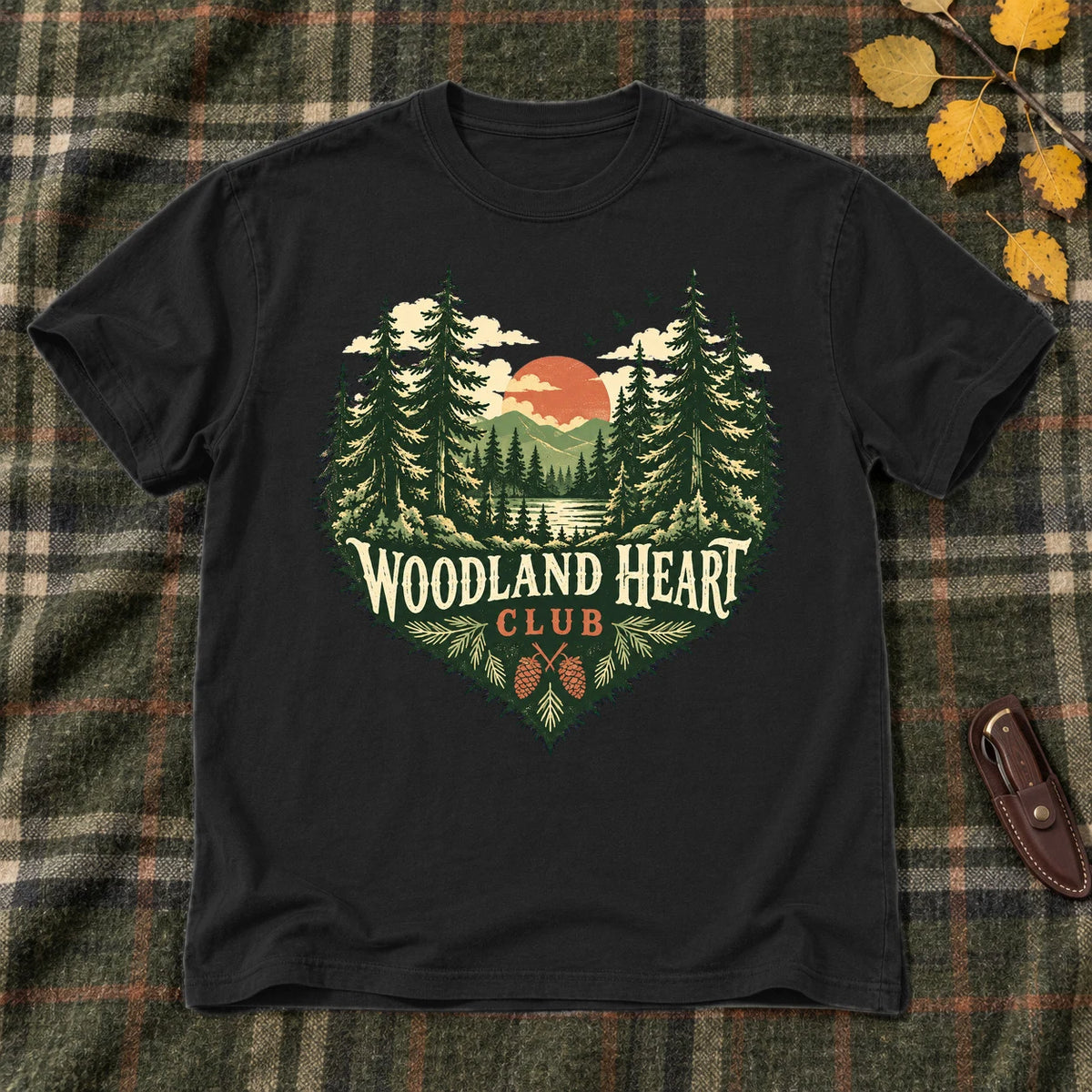 Woodland Heart Club Vintage Nature Graphic Tee on Black Everyday Soft Tee