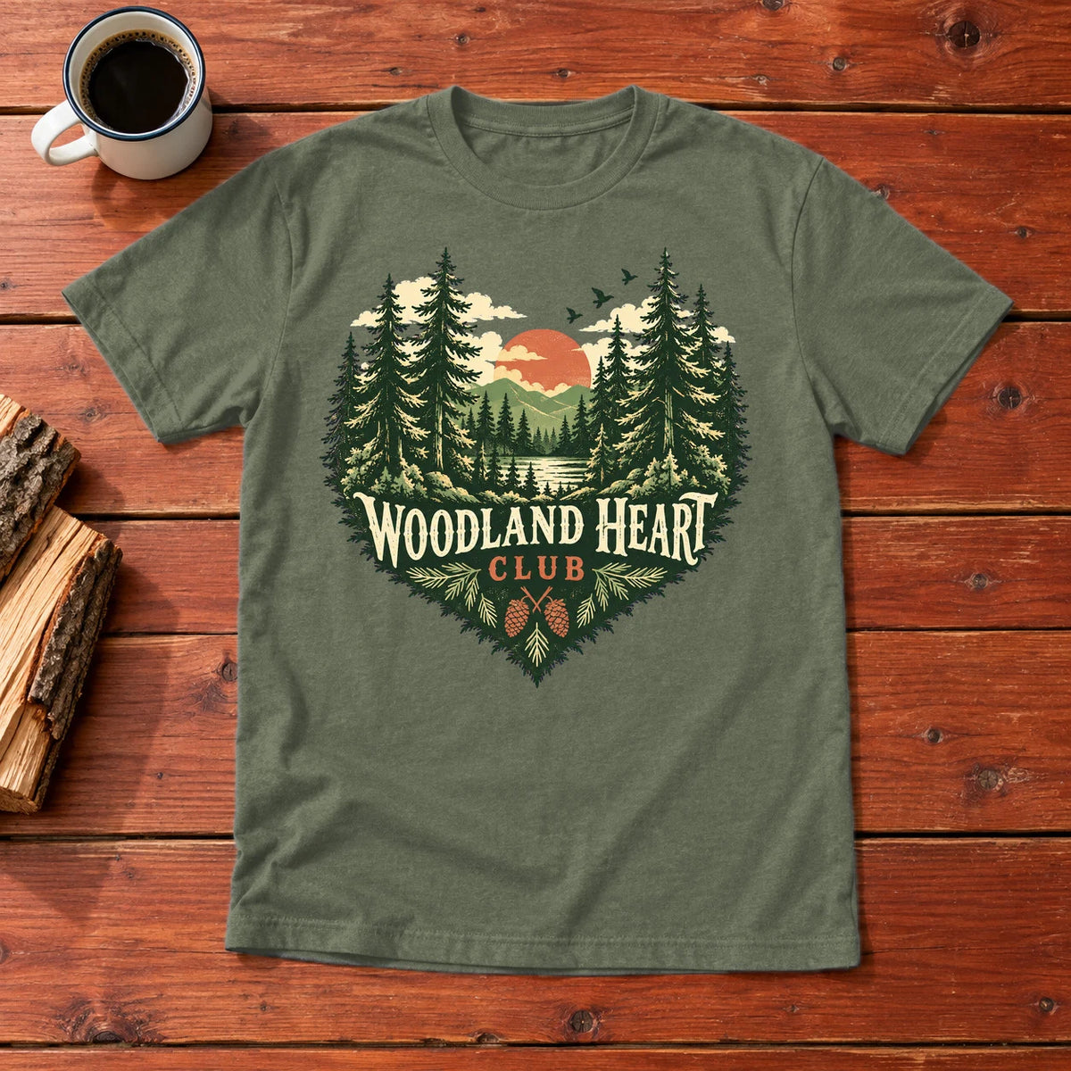 Woodland Heart Club Vintage Nature Graphic Tee on Military Green Everyday Soft Tee