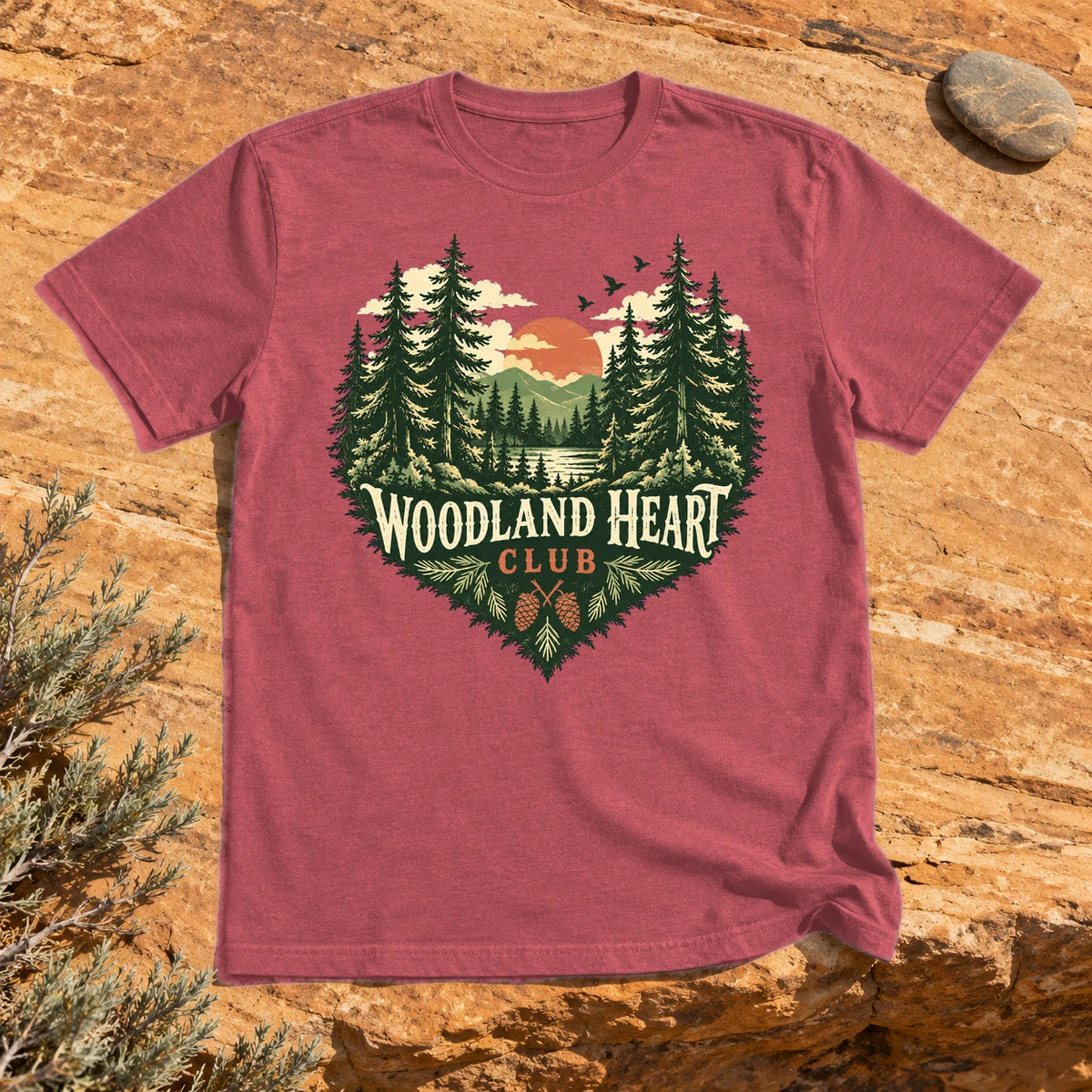 Woodland Heart Club Vintage Nature Graphic Tee on Heather Red Everyday Soft Tee